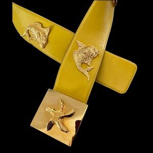 Vtg ESCADA Yellow Leather Belt Gold Fish Sea Creature Starfish Studded EU 42